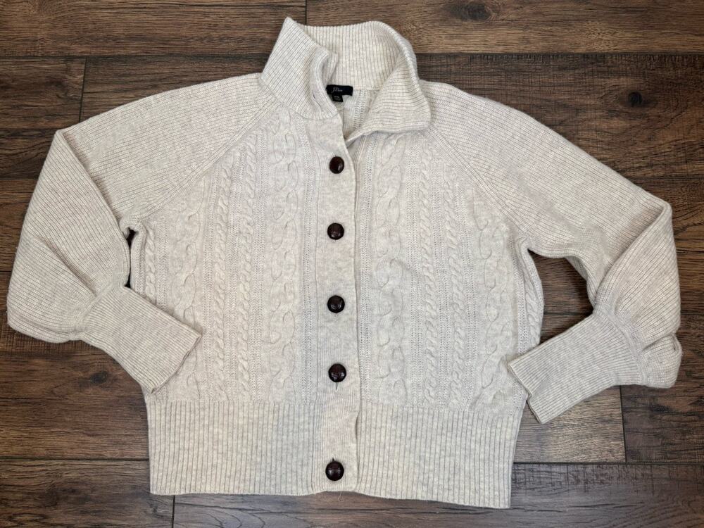 J. Crew Balloon Sleeve Cable Knit Lambs Wool Blend Cardigan Sweater Cream XL